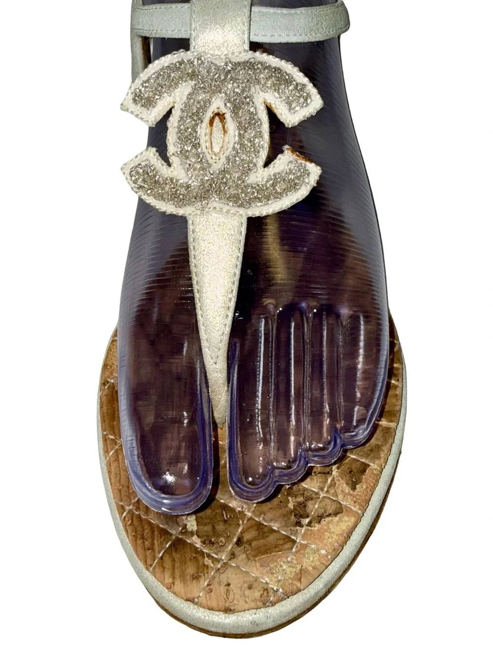 CHANEL GLITTER-EMBOSSED T-STRAP SANDALS